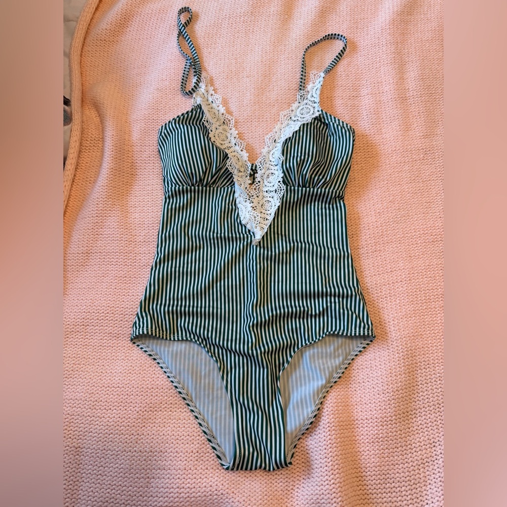 Green and White Striped One Piece Swimsuit with Lace Trim